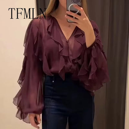 TFMLN Spring Summer Women Ruffle Blouses Shirts 2025 New Female Fashion Single Breasted Tierred Causal Tops Beach Style Shirt