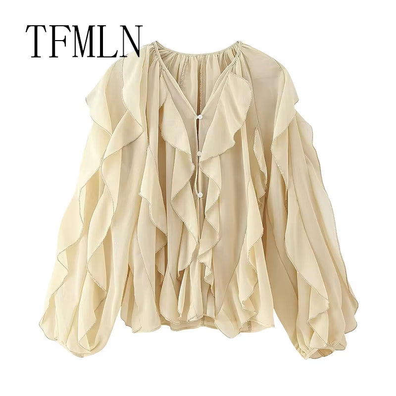 TFMLN Spring Summer Women Ruffle Blouses Shirts 2025 New Female Fashion Single Breasted Tierred Causal Tops Beach Style Shirt