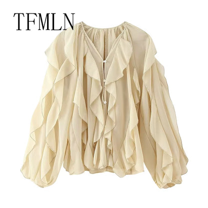 TFMLN Spring Summer Women Ruffle Blouses Shirts 2025 New Female Fashion Single Breasted Tierred Causal Tops Beach Style Shirt