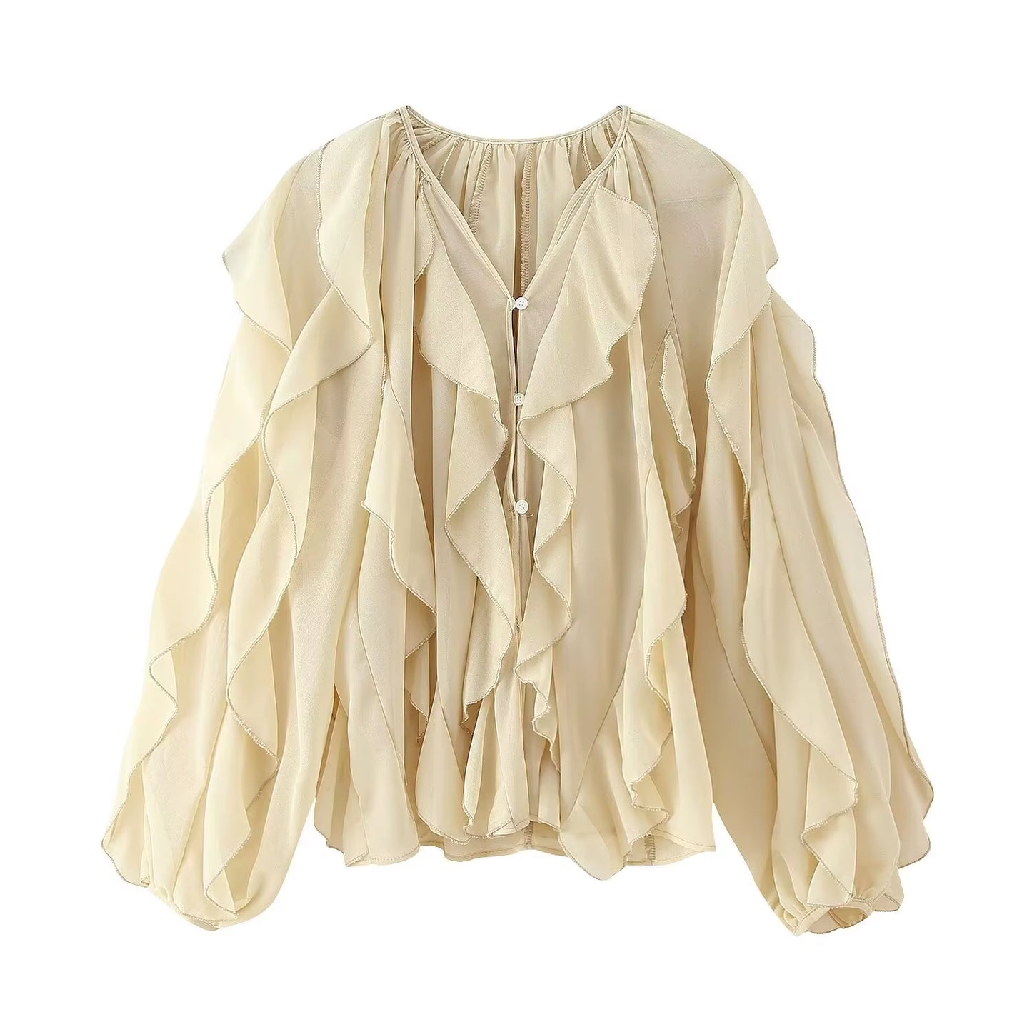 TFMLN Spring Summer Women Ruffle Blouses Shirts 2025 New Female Fashion Single Breasted Tierred Causal Tops Beach Style Shirt