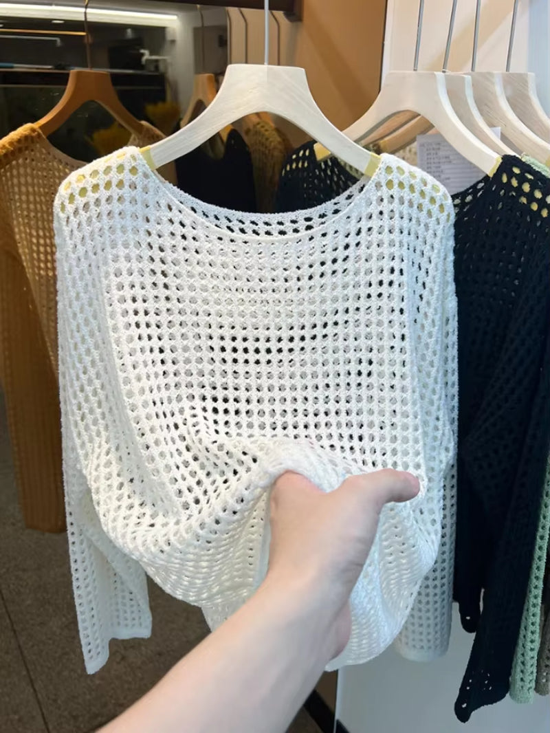 2025 Mesh Vintage Harajuku Long Sleeve Women Sweater Korean Spring Summer Knitwear Soft Thin Tops Chic Solid Femme Sweater