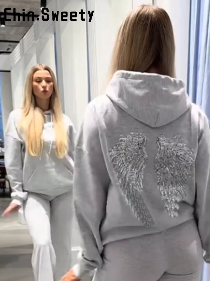 Casual Sequined Angel Wings Oversized Hoodie Women Loose Grey Long Sleeve Street Warm Pullover 2025 Winter Lady Daily Wear New