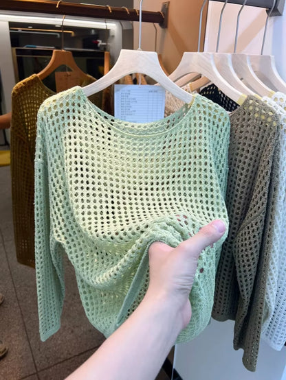 2025 Mesh Vintage Harajuku Long Sleeve Women Sweater Korean Spring Summer Knitwear Soft Thin Tops Chic Solid Femme Sweater