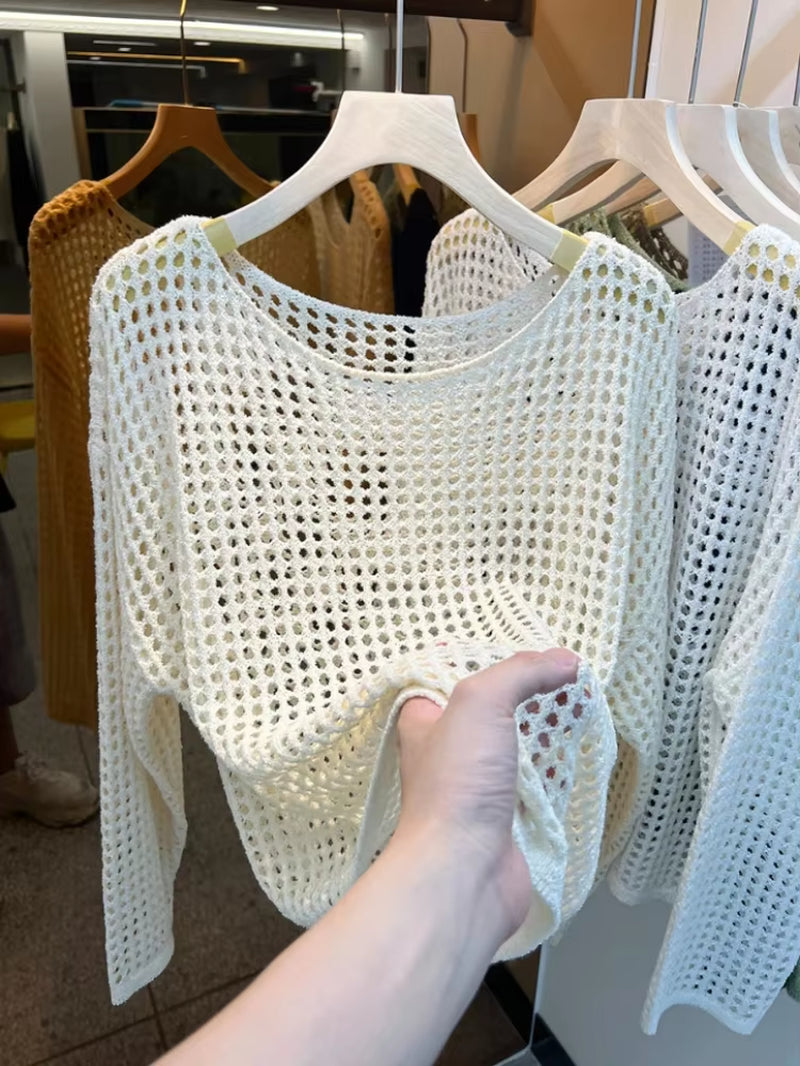 2025 Mesh Vintage Harajuku Long Sleeve Women Sweater Korean Spring Summer Knitwear Soft Thin Tops Chic Solid Femme Sweater