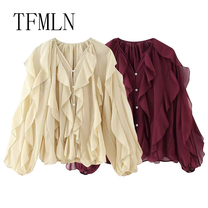 TFMLN Spring Summer Women Ruffle Blouses Shirts 2025 New Female Fashion Single Breasted Tierred Causal Tops Beach Style Shirt