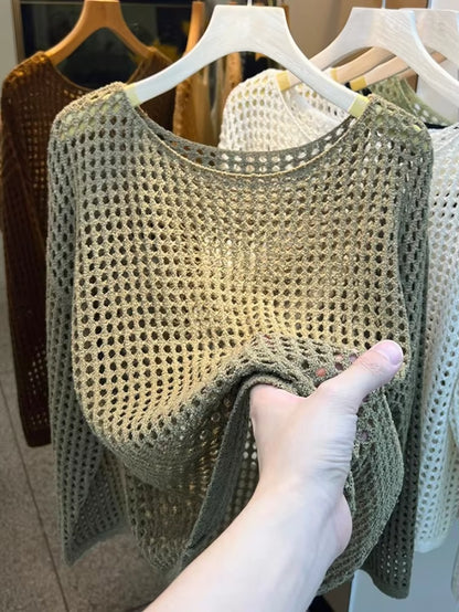 2025 Mesh Vintage Harajuku Long Sleeve Women Sweater Korean Spring Summer Knitwear Soft Thin Tops Chic Solid Femme Sweater