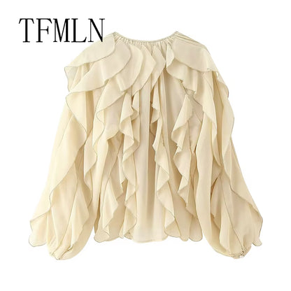 TFMLN Spring Summer Women Ruffle Blouses Shirts 2025 New Female Fashion Single Breasted Tierred Causal Tops Beach Style Shirt
