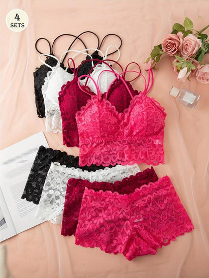 HICLOTH Women’S 4-Piece Lace Bralette & Panty Set – Soft, Lightweight & Comfy | Double-Strap Design with Matching Lace Underwear for Everyday Wear