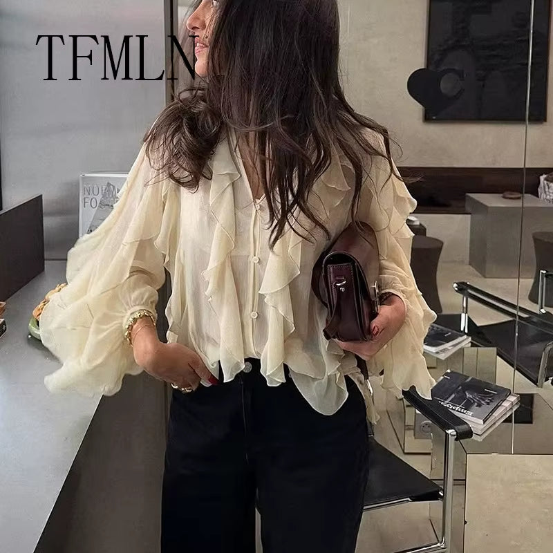TFMLN Spring Summer Women Ruffle Blouses Shirts 2025 New Female Fashion Single Breasted Tierred Causal Tops Beach Style Shirt