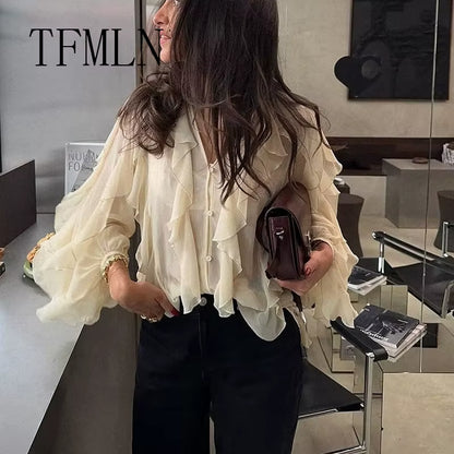 TFMLN Spring Summer Women Ruffle Blouses Shirts 2025 New Female Fashion Single Breasted Tierred Causal Tops Beach Style Shirt