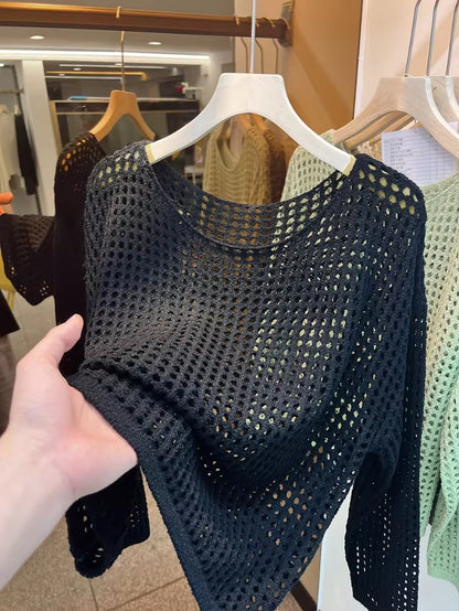 2025 Mesh Vintage Harajuku Long Sleeve Women Sweater Korean Spring Summer Knitwear Soft Thin Tops Chic Solid Femme Sweater
