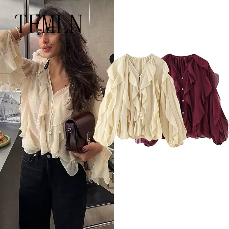 TFMLN Spring Summer Women Ruffle Blouses Shirts 2025 New Female Fashion Single Breasted Tierred Causal Tops Beach Style Shirt