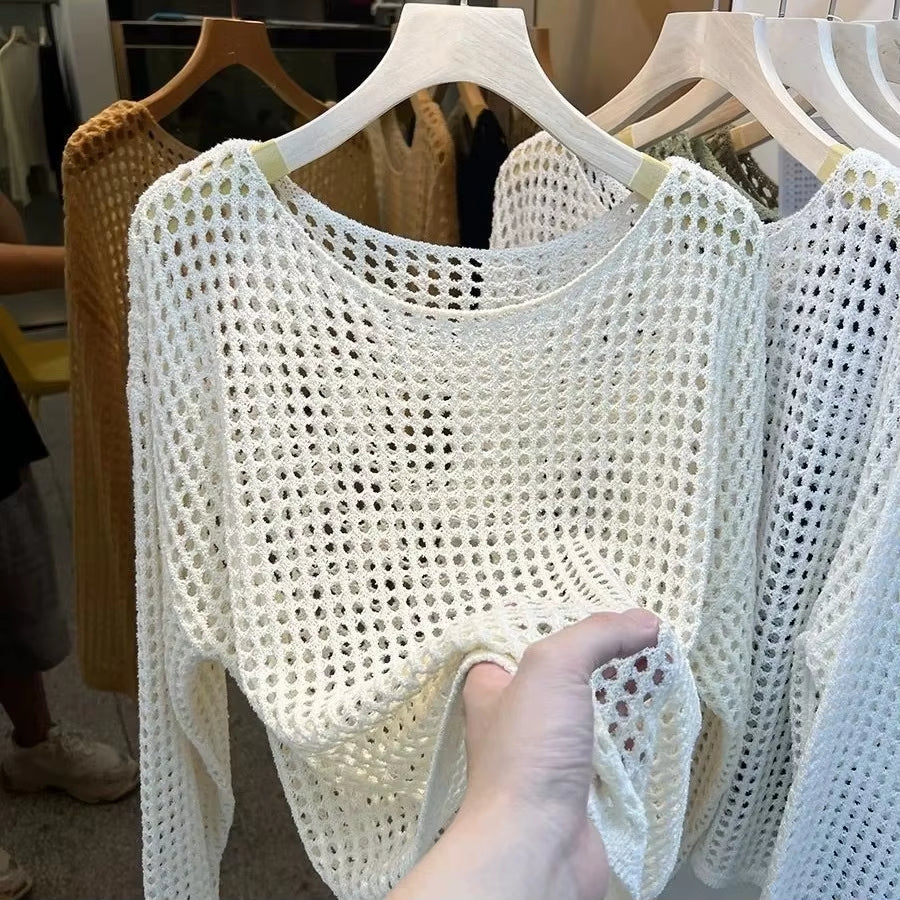 2025 Mesh Vintage Harajuku Long Sleeve Women Sweater Korean Spring Summer Knitwear Soft Thin Tops Chic Solid Femme Sweater